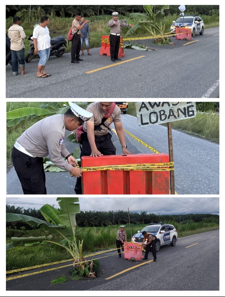 Cegah Laka di Jalan Rusak, Satlantas Polres Siak Pasang Water Barrier di Lintas Dayun–Perawang Oplus_16908288